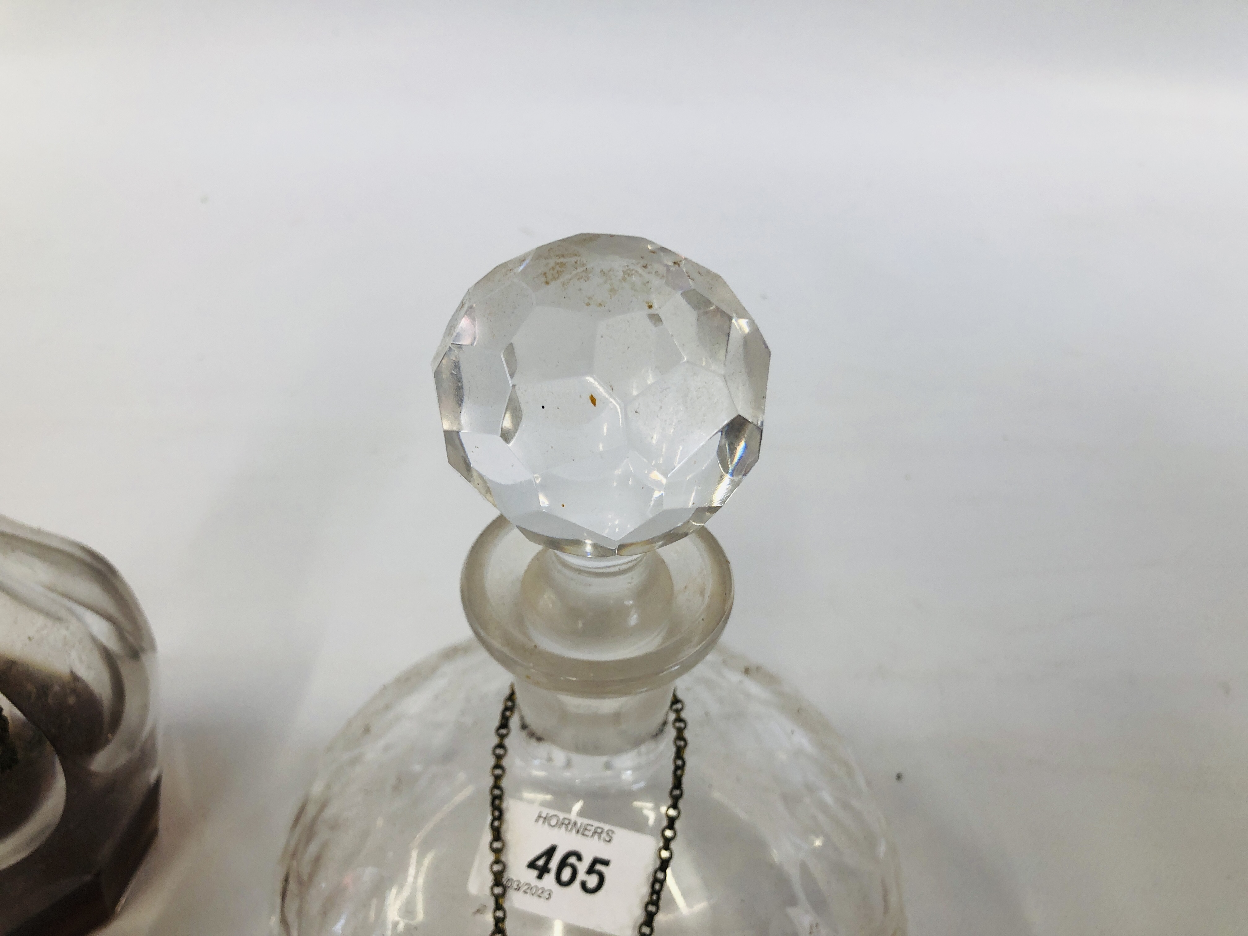 TWO VINTAGE GLASS DECANTERS ALONG WITH TWO SILVER DECANTER LABELS PORT AND SHERRY. - Image 4 of 8