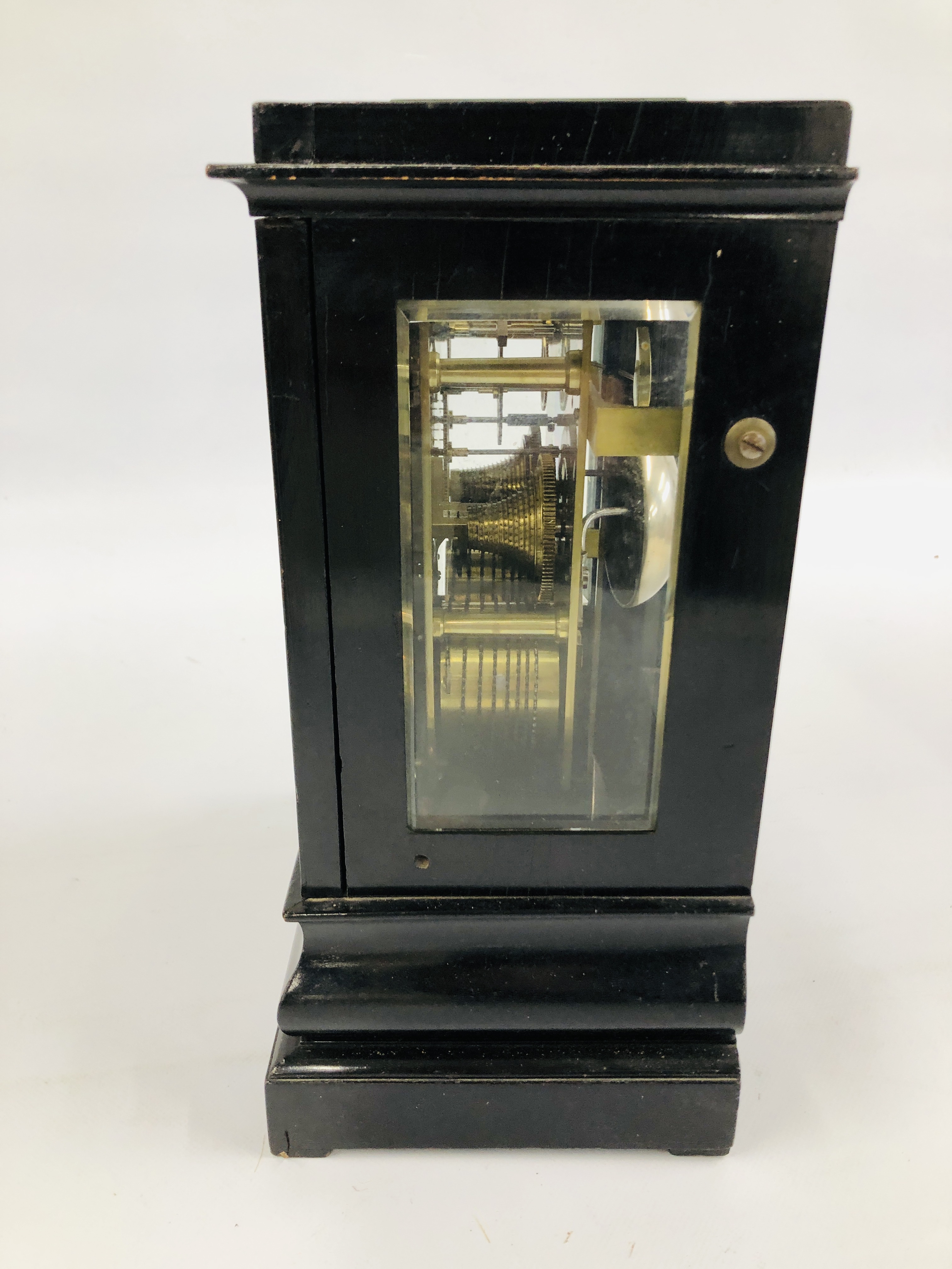 AN EDWARDIAN EBONISED MANTEL CLOCK, THE DOUBLE FUSEE MOVEMENT STRIKING ON A BELL, W 24CM, D 17CM, - Image 6 of 6