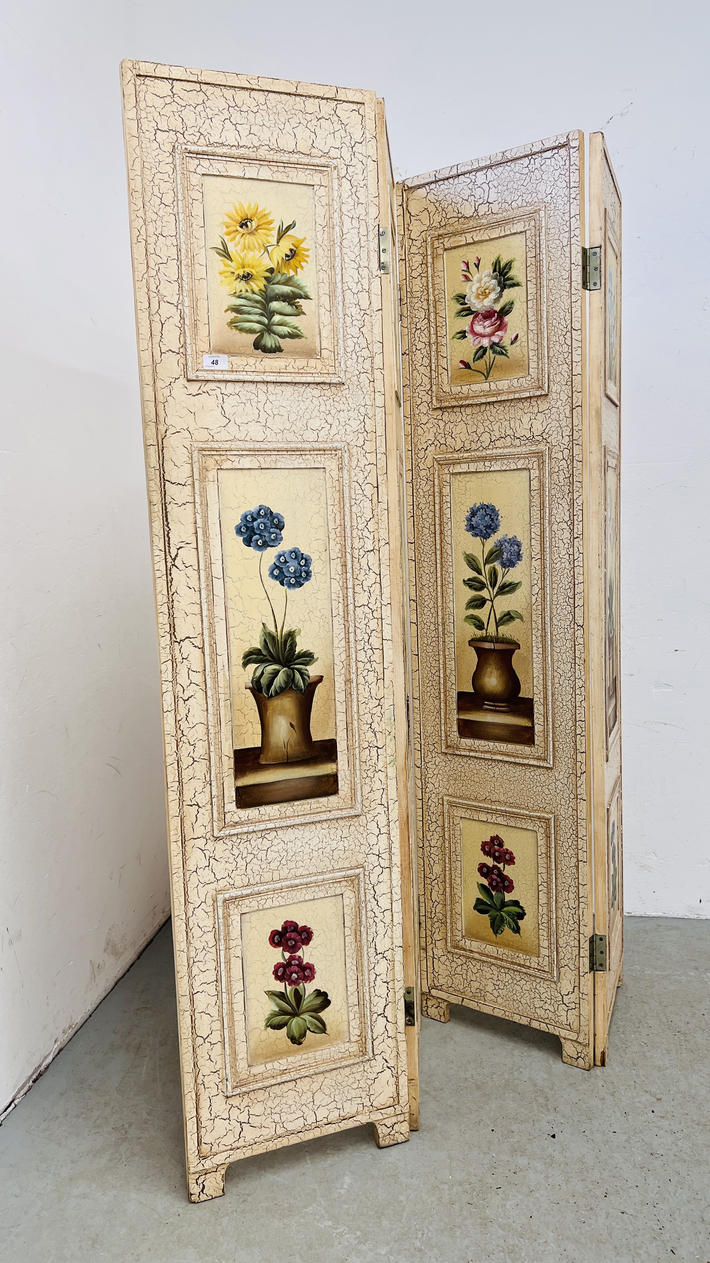 A FOUR FOLD SCREEN DECORATED WITH HAND PAINTED STILL LIFE EACH SECTION 180CM. X 40CM. - Image 2 of 6