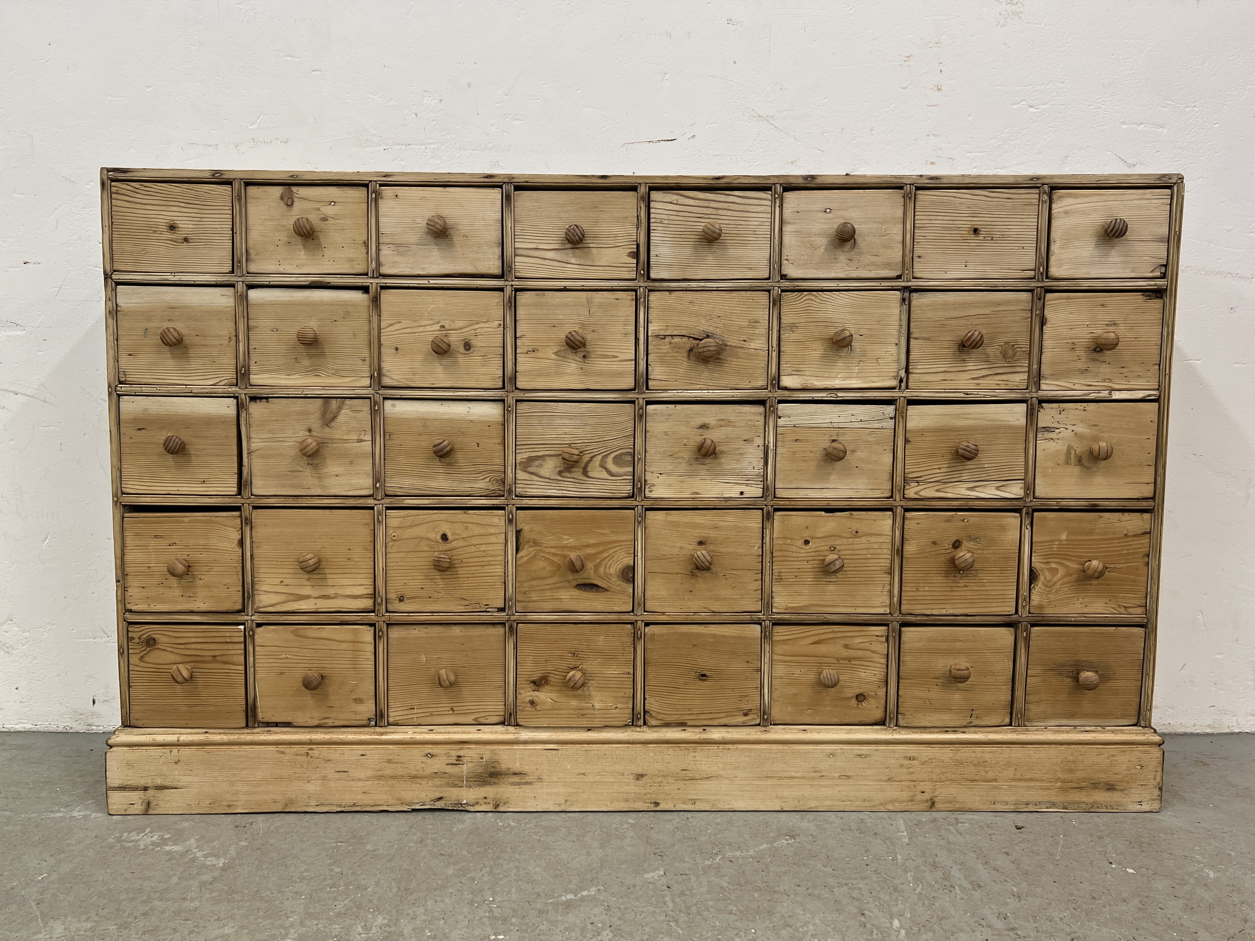 AN ANTIQUE PINE 40 DRAWER APOTHECARY / HABERDASHERY SHOP FITMENT - W 135CM X D 25CM X H 83CM. - Image 2 of 14