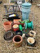 TWO PLASTIC DUSTBINS, A QUANTITY OF ROPE, A WOODEN WHEELBARROW PLANTER, BORDER FORK & SPADE, BROOM,