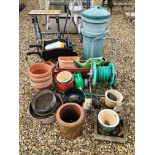 TWO PLASTIC DUSTBINS, A QUANTITY OF ROPE, A WOODEN WHEELBARROW PLANTER, BORDER FORK & SPADE, BROOM,