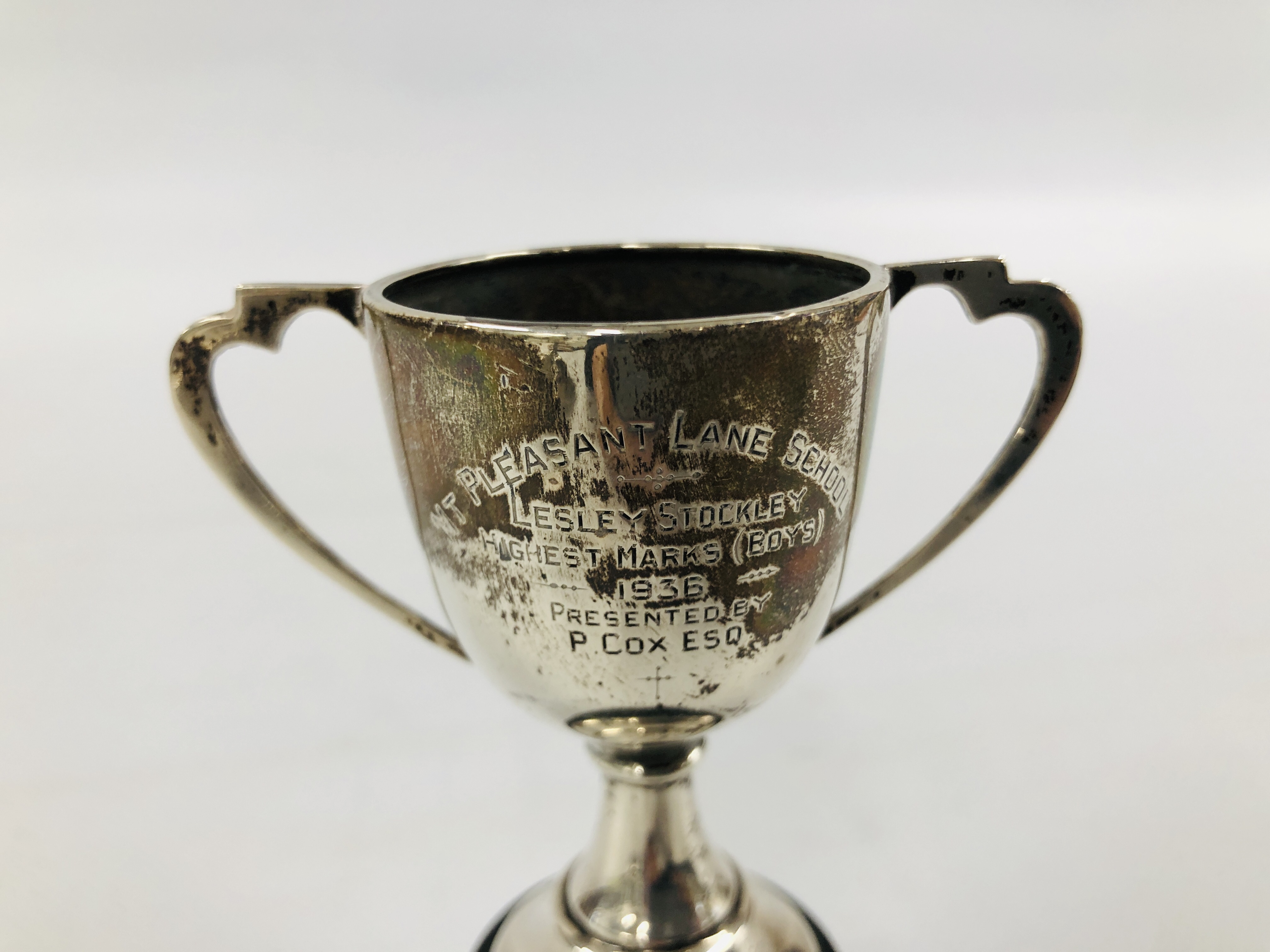 SILVER TWO HANDLED TROPHY CUP, BIRMINGHAM ASSAY ALONG WITH A VINTAGE SILVER PEDESTAL DISH / COMPOTE, - Image 9 of 14