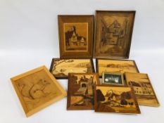 A BOX OF MARQUETRY INLAID WALL PLAQUES.