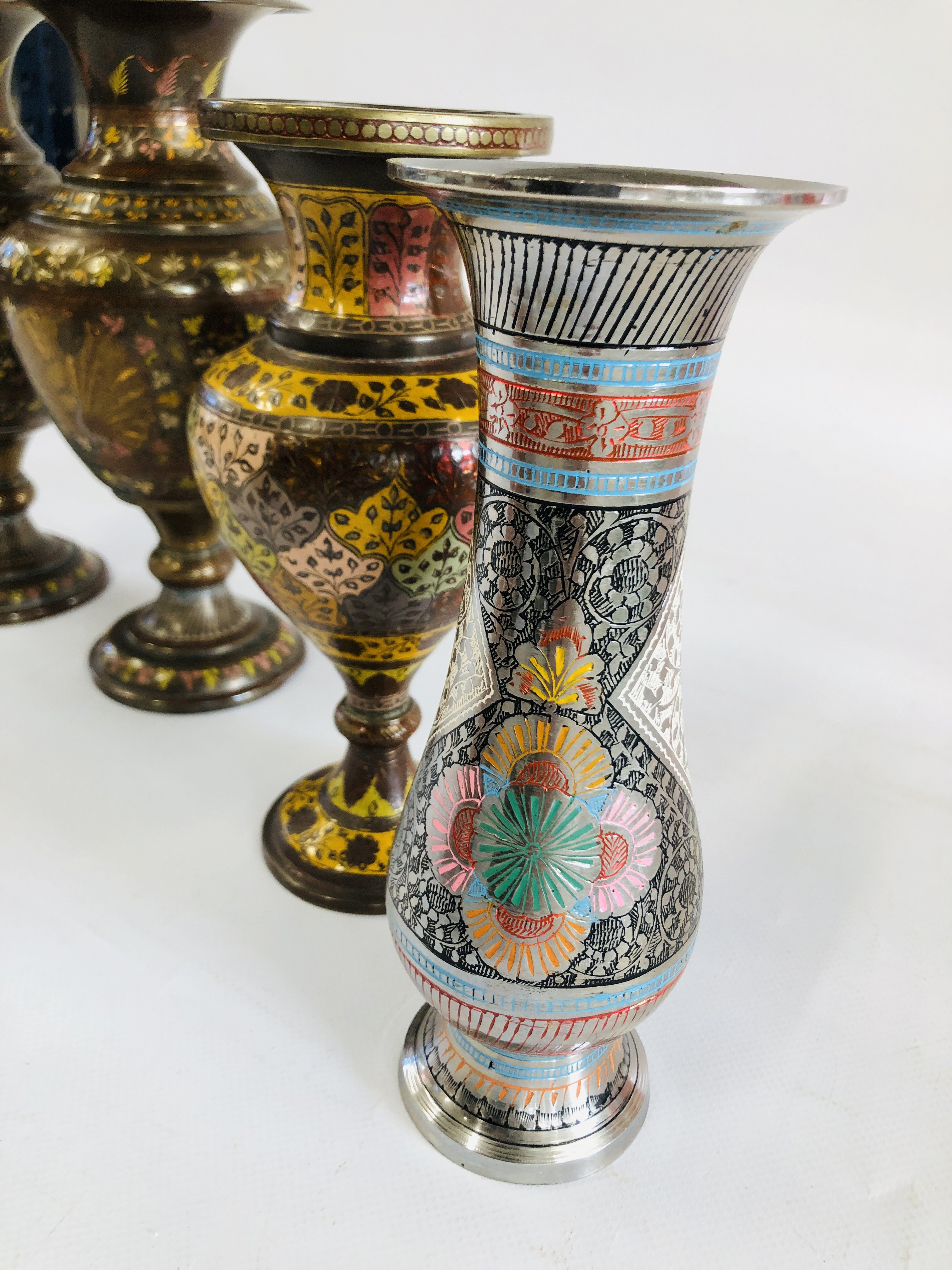 A PAIR OF BRASS VASES WITH CHASED PEACOCK AND HAND PAINTED DECORATION ALONG WITH A SMALLER VASE OF - Image 8 of 8