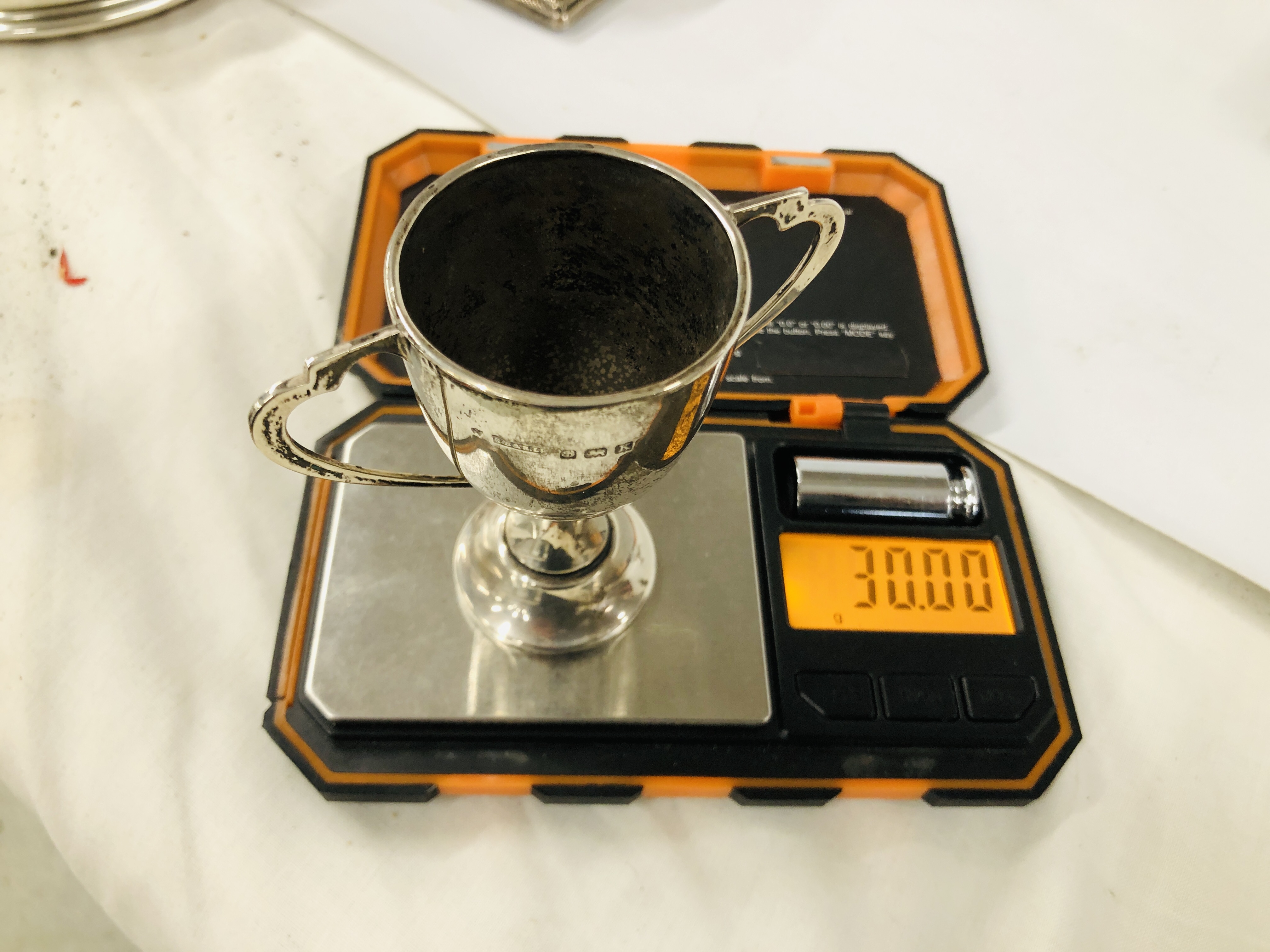 SILVER TWO HANDLED TROPHY CUP, BIRMINGHAM ASSAY ALONG WITH A VINTAGE SILVER PEDESTAL DISH / COMPOTE, - Image 13 of 14