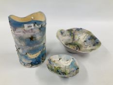 THREE PIECES OF STUDIO POTTERY BY "PETA WHITING" ENTITLED "WADER" COMPRISING OF TWO BOWLS,