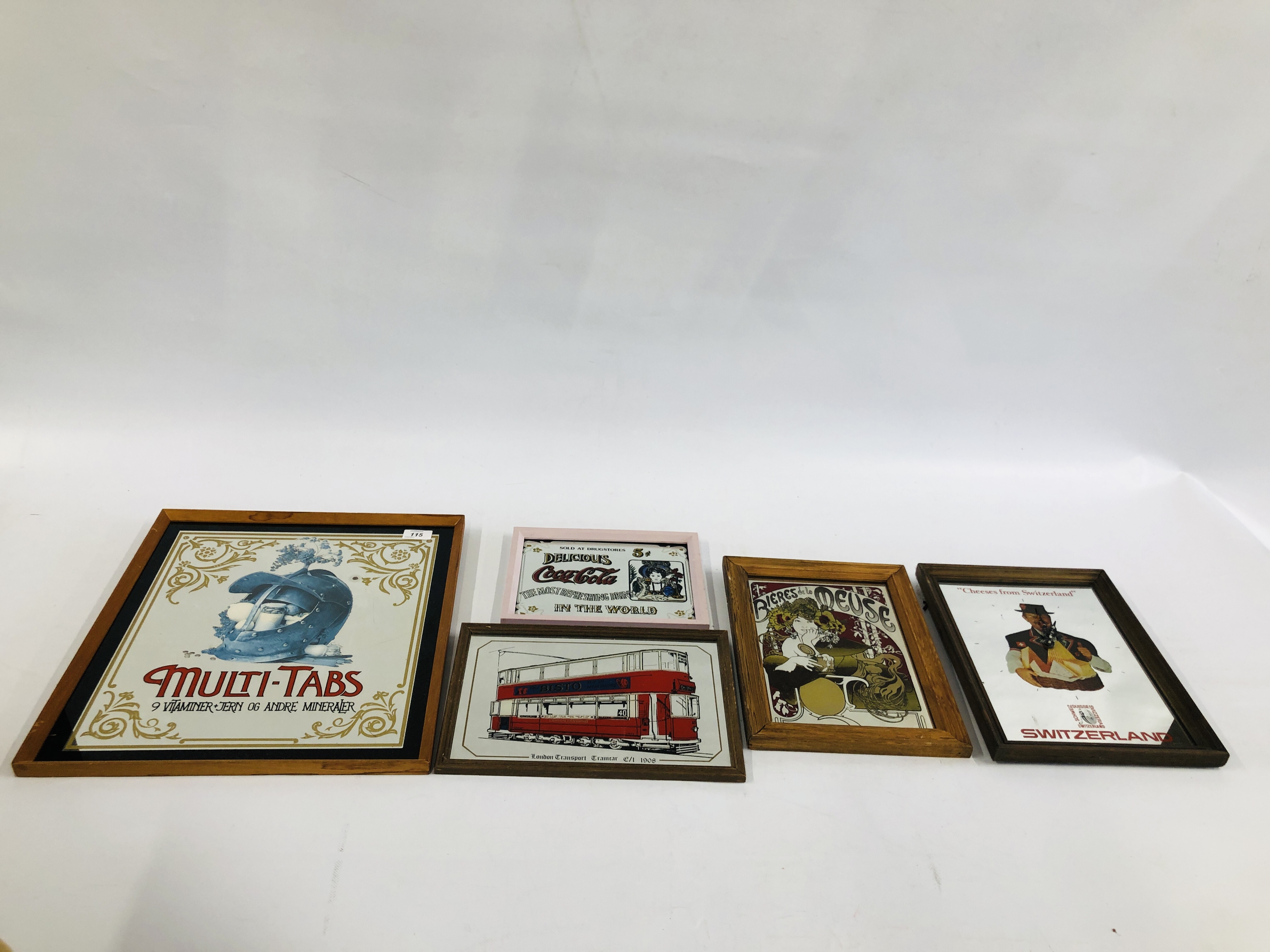 5 REPRODUCTION ADVERTISING WALL MIRRORS TO INCLUDE BISTO, COCA COLA, BIERES MEUSE, MULTI-TABS,