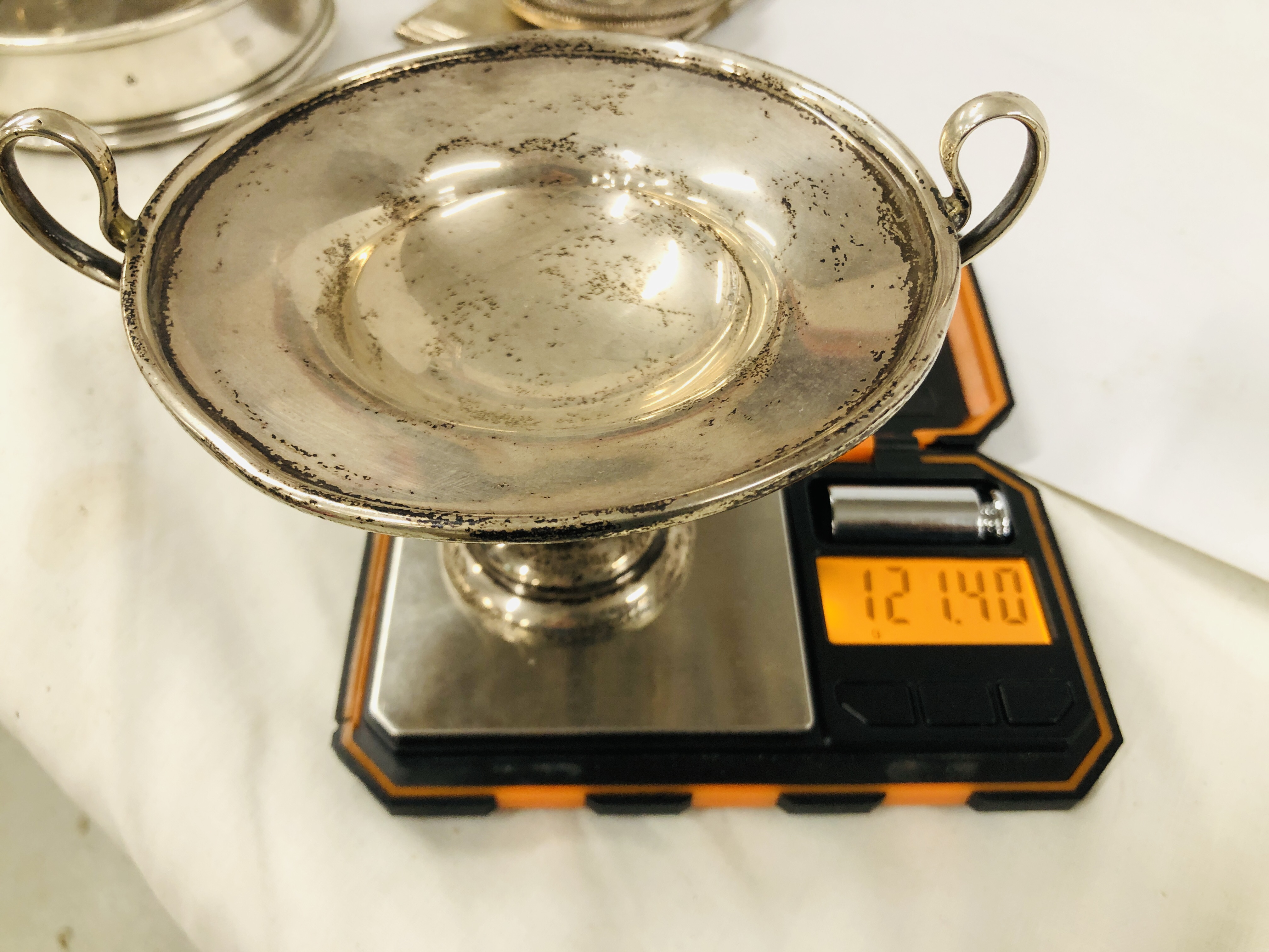 SILVER TWO HANDLED TROPHY CUP, BIRMINGHAM ASSAY ALONG WITH A VINTAGE SILVER PEDESTAL DISH / COMPOTE, - Image 14 of 14