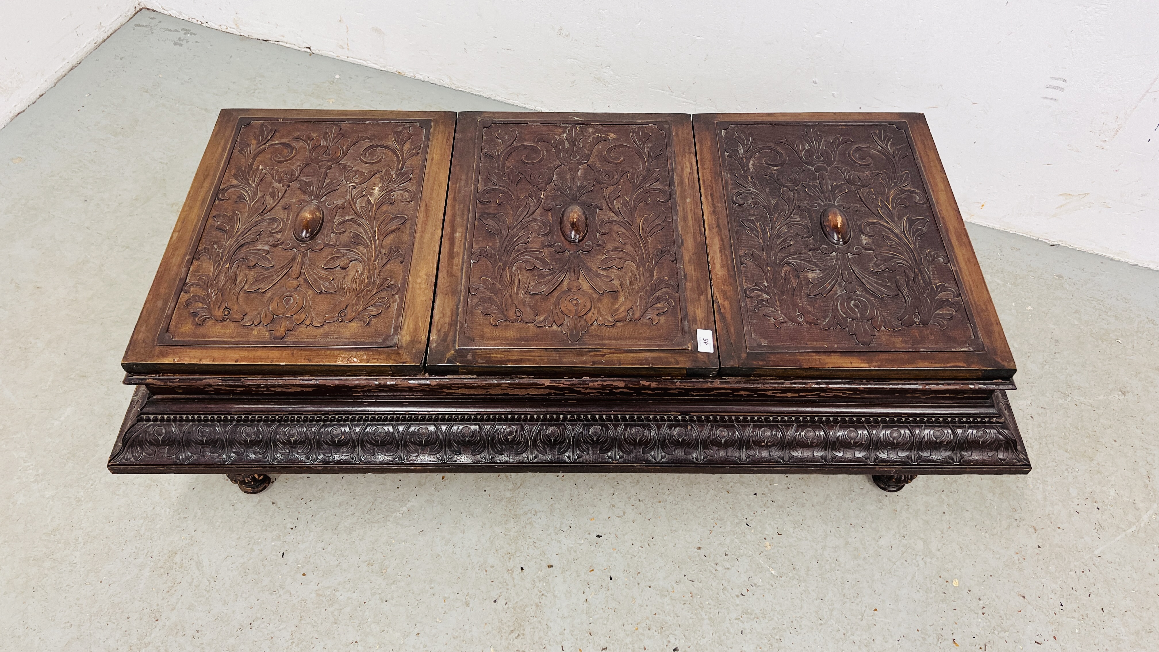 A CARVED VINTAGE THREE PANELLED TOP LOW CHEST, W 135CM, D 66CM, H 42CM WITH EACH LID BEING 40. - Image 2 of 13