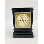 AN EDWARDIAN EBONISED MANTEL CLOCK, THE DOUBLE FUSEE MOVEMENT STRIKING ON A BELL, W 24CM, D 17CM,