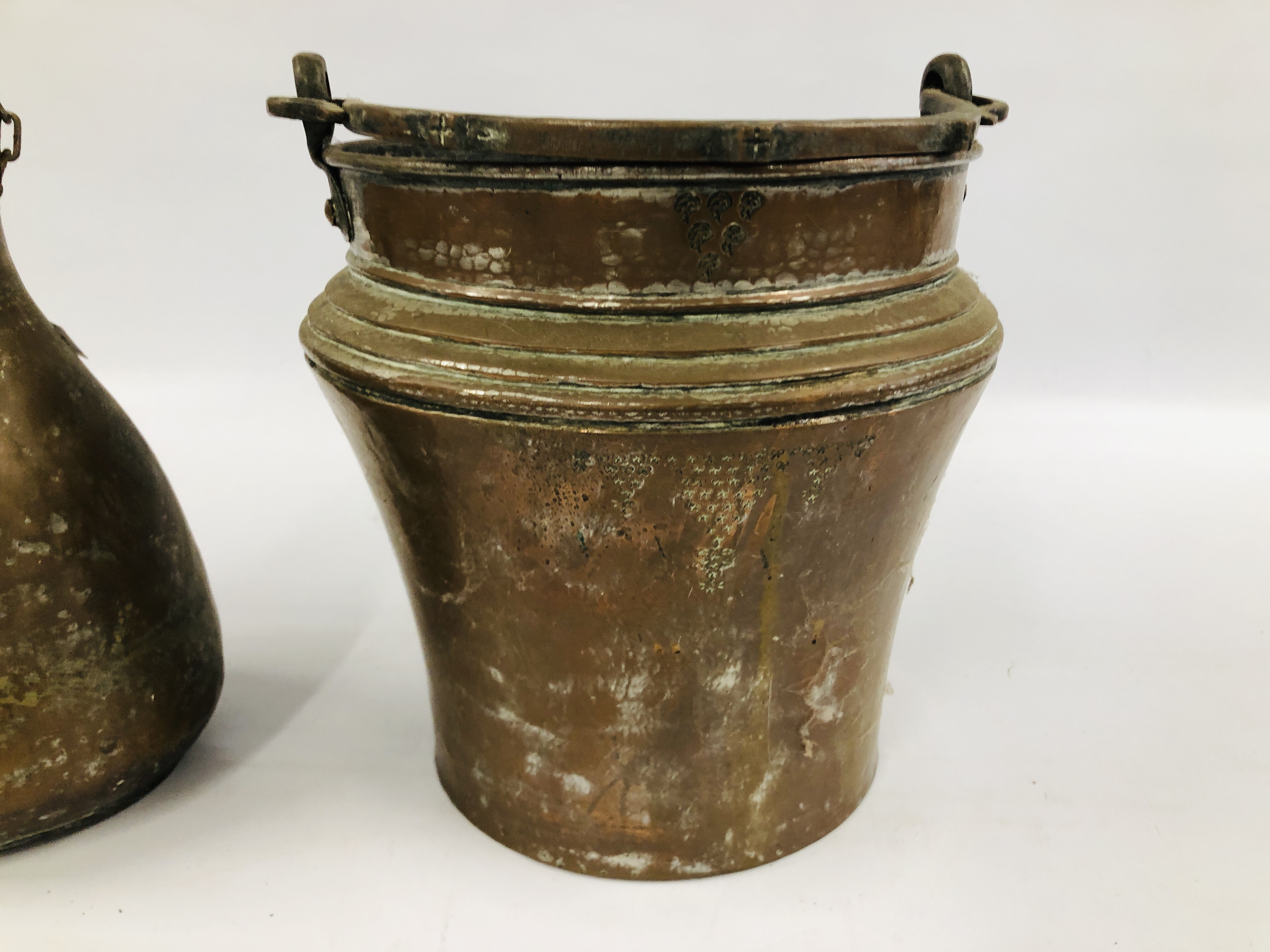 A LARGE MIDDLE EASTERN METAL WARE BUCKET, H 32CM AND SIMILAR WATER CARRIER, H 35CM. - Image 6 of 6