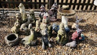 A GROUP OF 22 DECORATIVE GARDEN ORNAMENTS TO INCLUDE BIRD BATH, DOG ORNAMENTS, ANIMALS ETC.