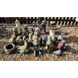 A GROUP OF 22 DECORATIVE GARDEN ORNAMENTS TO INCLUDE BIRD BATH, DOG ORNAMENTS, ANIMALS ETC.