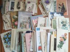 BOX OF VICTORIAN AND LATER GREETING CARDS.