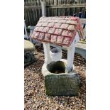 A STONEWORK WISHING WELL GARDEN FEATURE HEIGHT 95CM AND A STONEWORK PLAQUE.