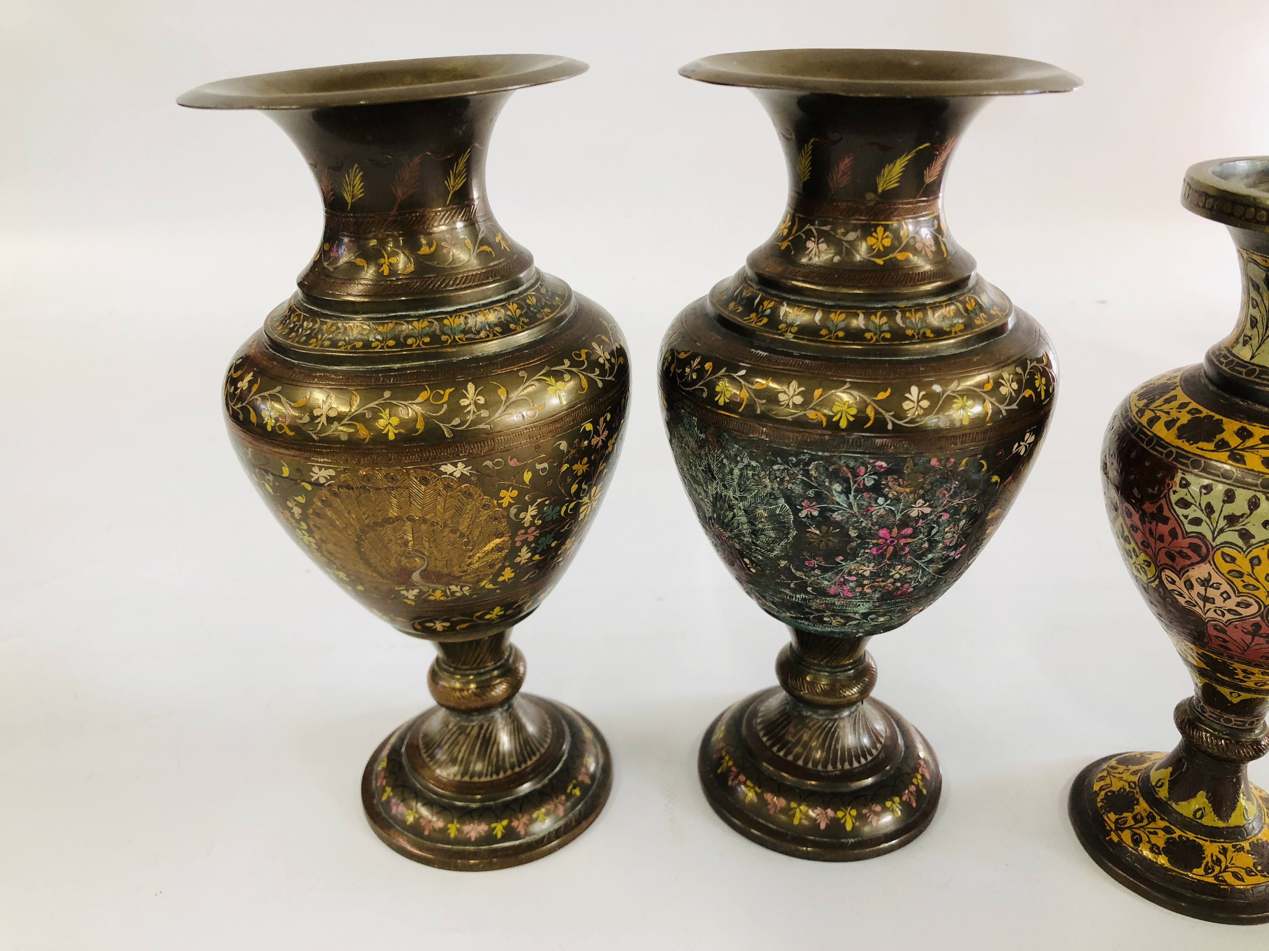 A PAIR OF BRASS VASES WITH CHASED PEACOCK AND HAND PAINTED DECORATION ALONG WITH A SMALLER VASE OF - Image 3 of 8
