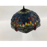 A TIFFANY STYLE STAINED GLASS DRAGONFLY CEILING LIGHT DIA. 40CM.