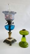 AN ELABORATE VINTAGE OIL LAMP WITH BLUE GLASS FONT AND PALE PURPLE SHADE DECORATED WITH HANDPAINTED