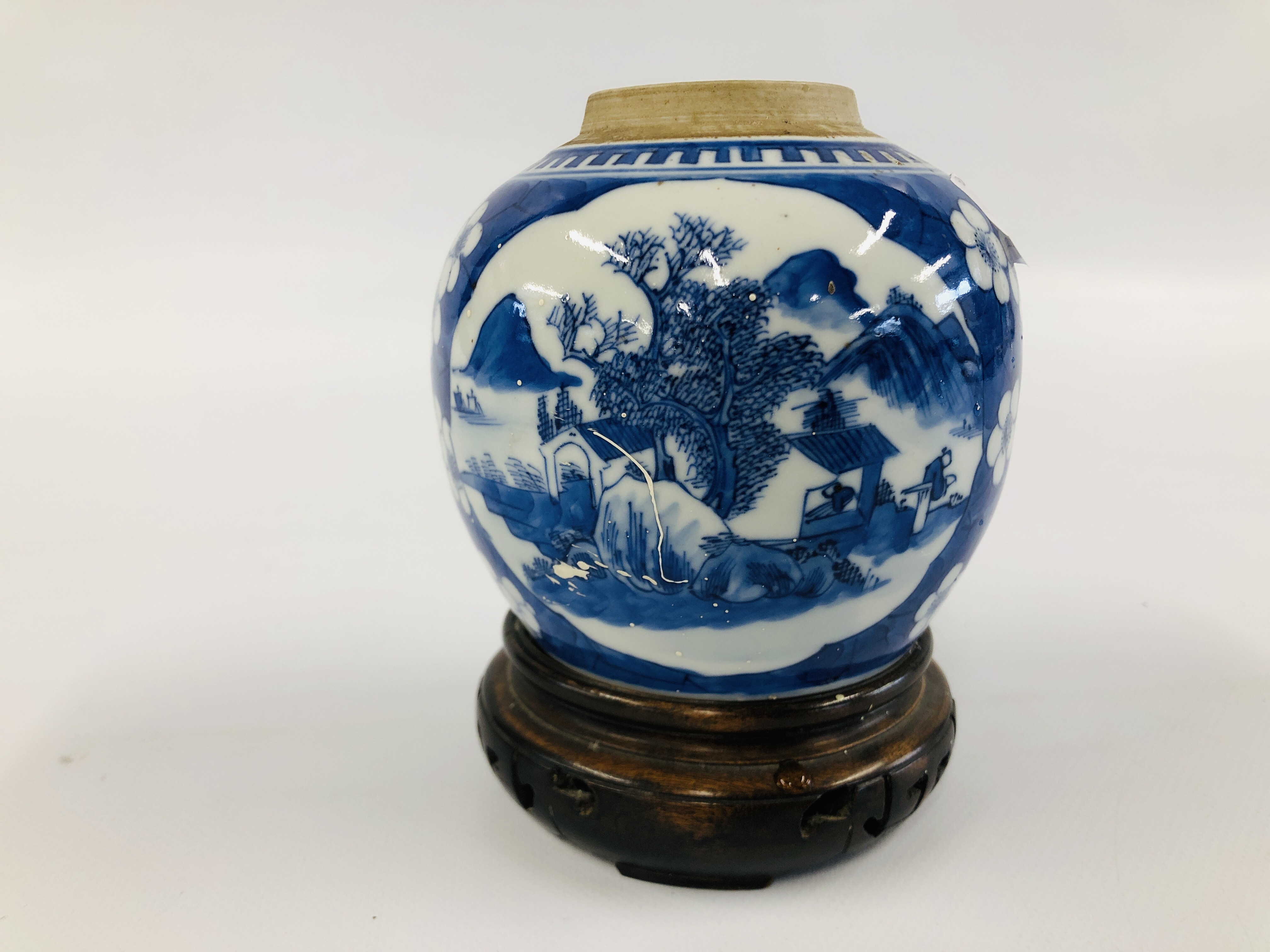 A ORIENTAL BLUE AND WHITE GINGER JAR AND STAND ALONG WITH A JAPANESE BUDDA FIGURE. - Image 7 of 10