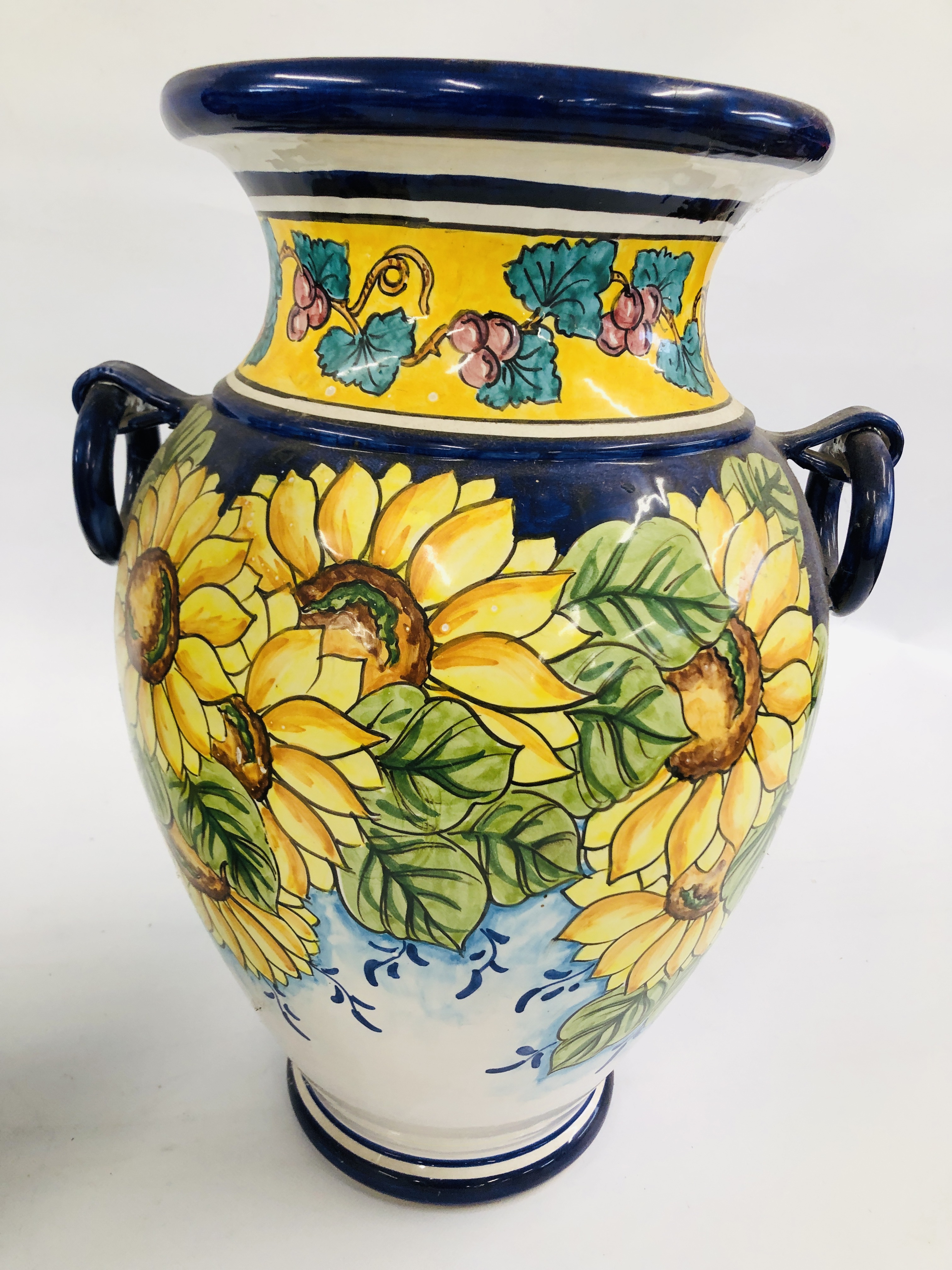 TWO LARGE CONTINENTAL GLAZED VASES ONE DECORATED WITH SUNFLOWERS, H 55.5CM THE OTHER LEMONS, H 56CM. - Image 2 of 9