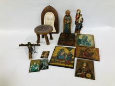 A BOX OF RELIGIOUS ARTIFACTS TO INCLUDE HANDPAINTED WOODEN PLAQUES, ETC.