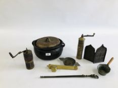 A GROUP OF MIDDLE EASTERN AND ASIAN ARTIFACTS TO INCLUDE A COOKING VESSEL, TWO GRINDERS,