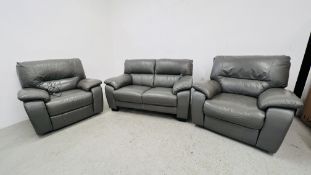 A GREY LEATHER THREE PIECE LOUNGE SUITE COMPRISING OF A TWO SEATER SOFA AND TWO ELECTRIC RECLINING
