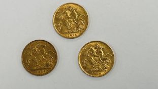 THREE HALF SOVEREIGN GOLD COINS - 1902 EDWARD VII, 1913 AND 1914 GEORGE V.