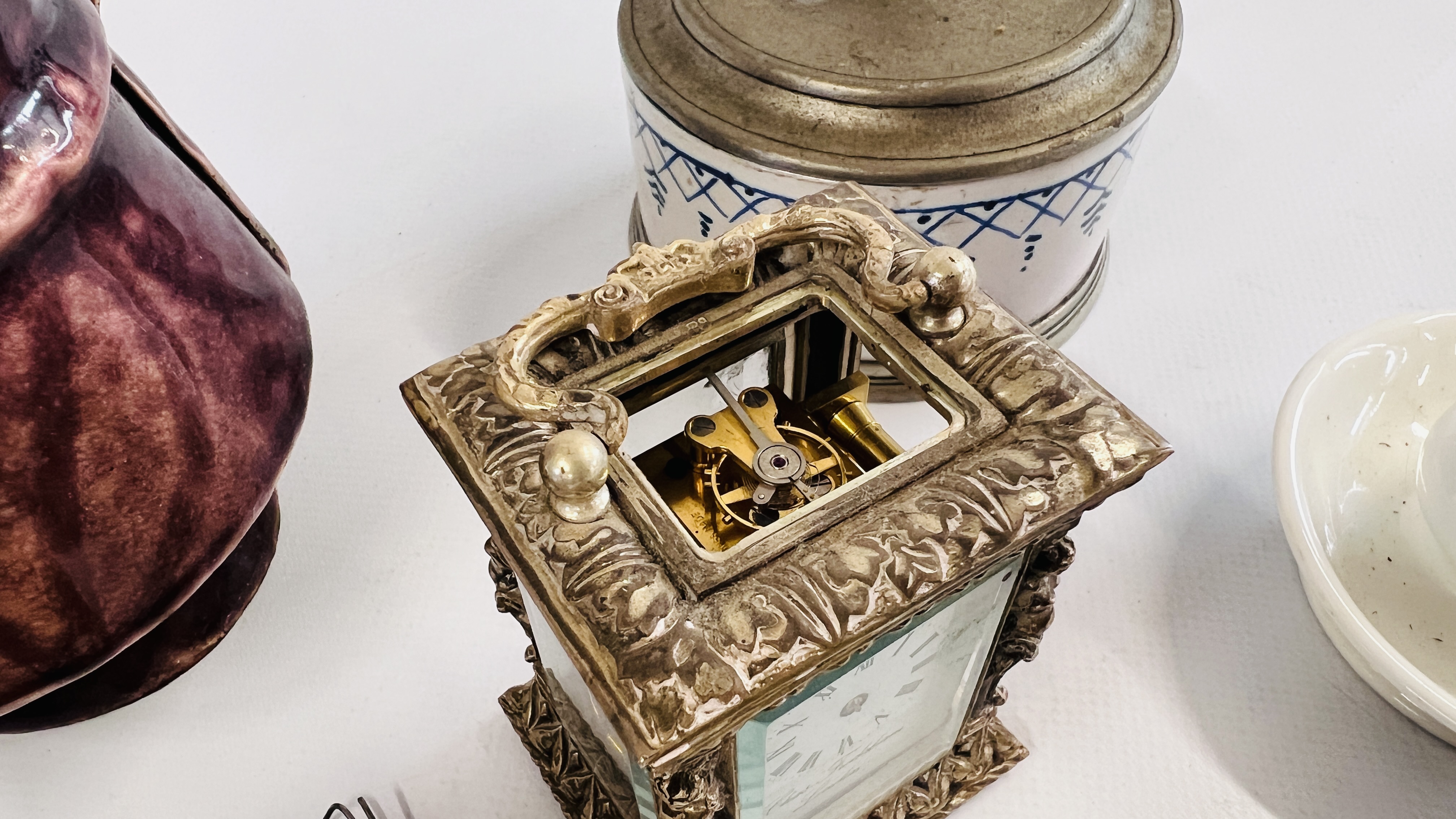 BRASS TRENCH ART ASHTRAY, VINTAGE CERAMIC INKWELL, BRASS TOP MARKED CF AND CLE, - Image 3 of 9