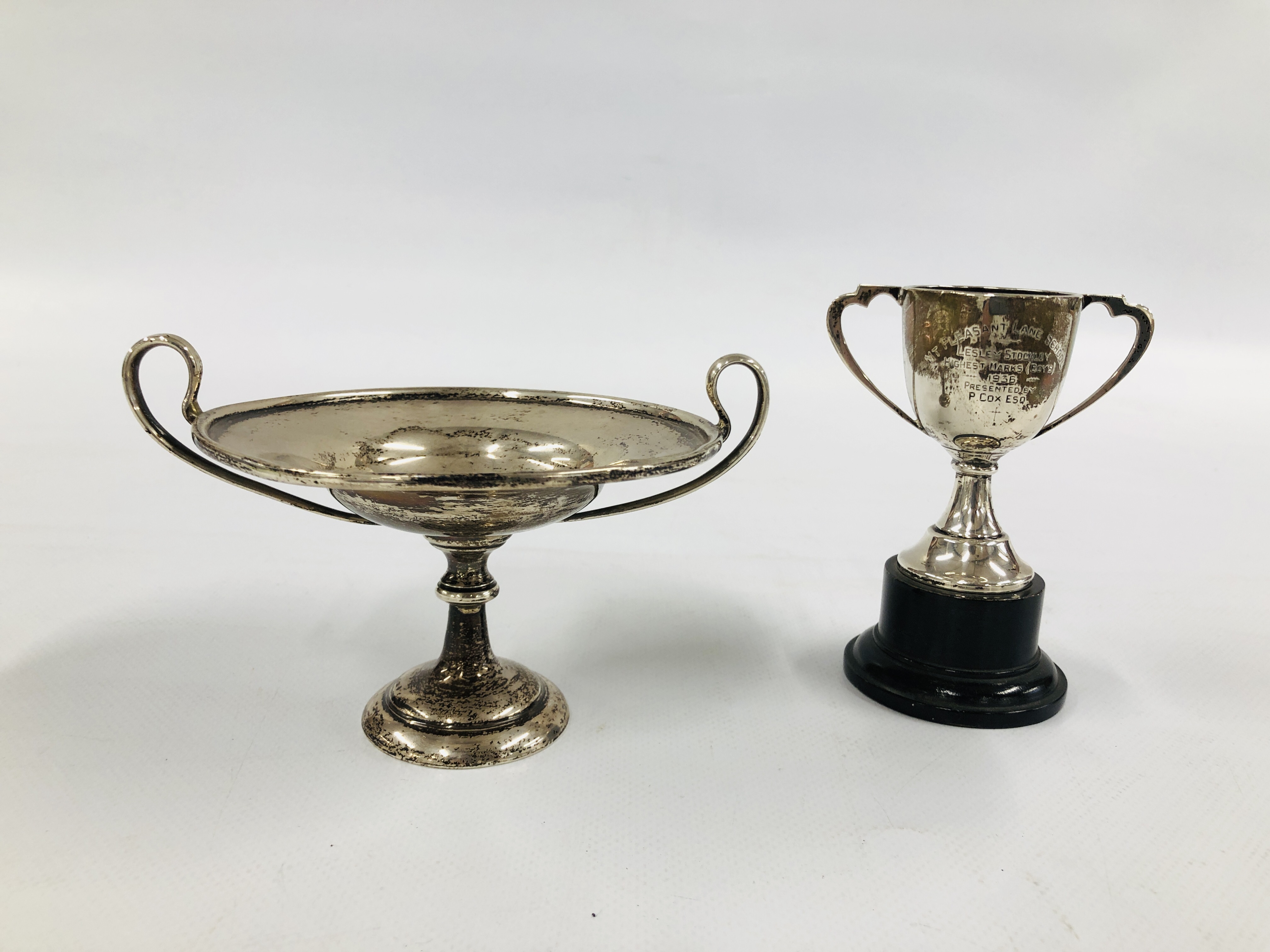 SILVER TWO HANDLED TROPHY CUP, BIRMINGHAM ASSAY ALONG WITH A VINTAGE SILVER PEDESTAL DISH / COMPOTE,