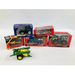 FIVE BOXES BRITAINS MODEL FARM VEHICLES AND IMPLEMENTS TO INCLUDE 1:32 SCALE CLAAS XERION 5000