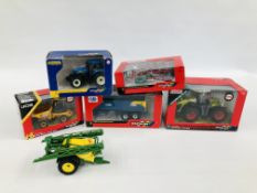 FIVE BOXES BRITAINS MODEL FARM VEHICLES AND IMPLEMENTS TO INCLUDE 1:32 SCALE CLAAS XERION 5000