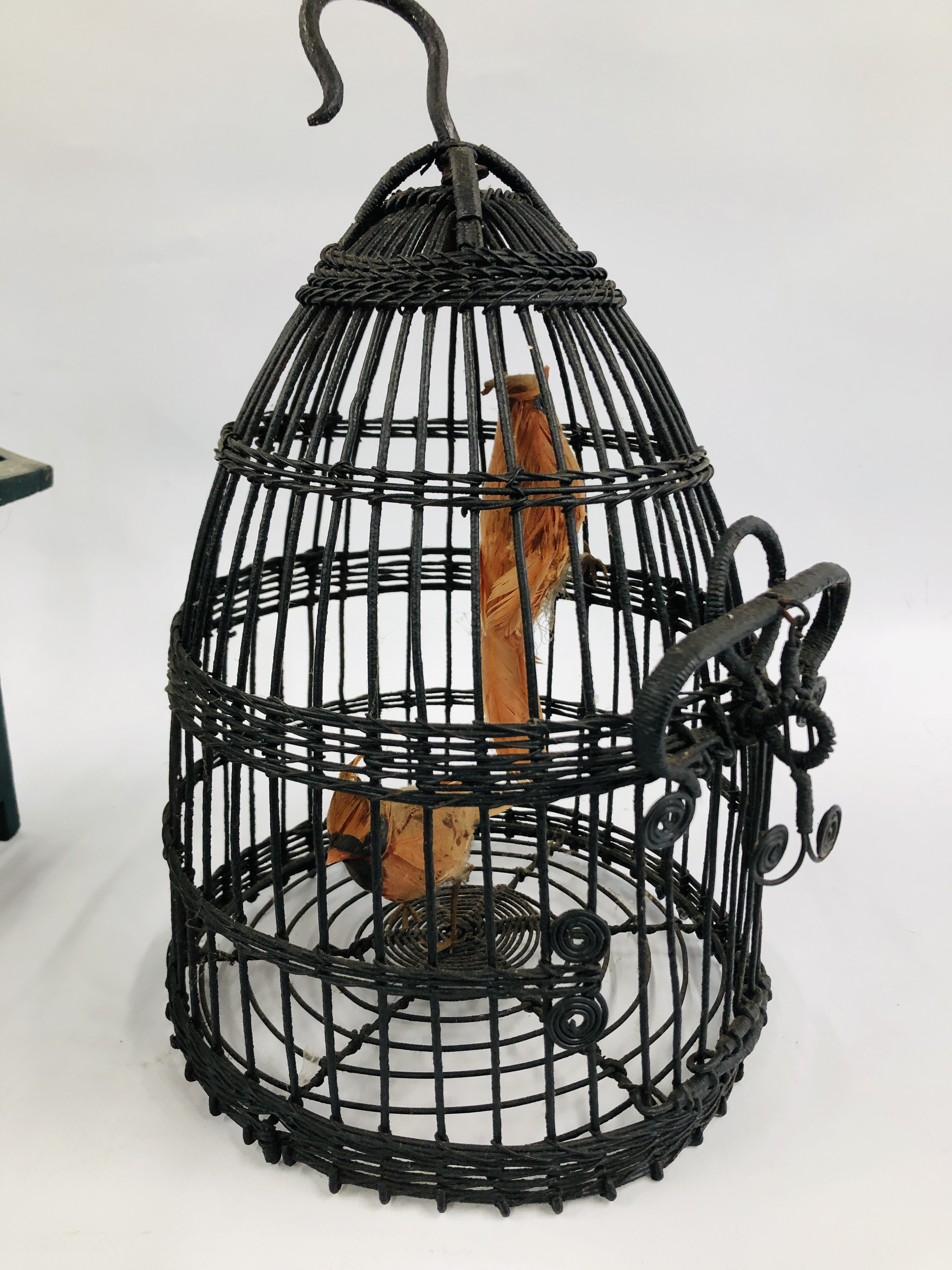A GROUP OF THREE HAND CRAFTED VINTAGE STYLE BIRD CAGES AND A BELL, ETC. - Image 4 of 9