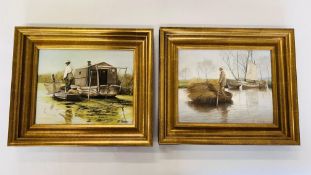 A PAIR OF GILT FRAMED OIL ON BOARD BEARING SIGNATURE "WILLIAM CALLADINE" DEPICTING A REED CUTTER