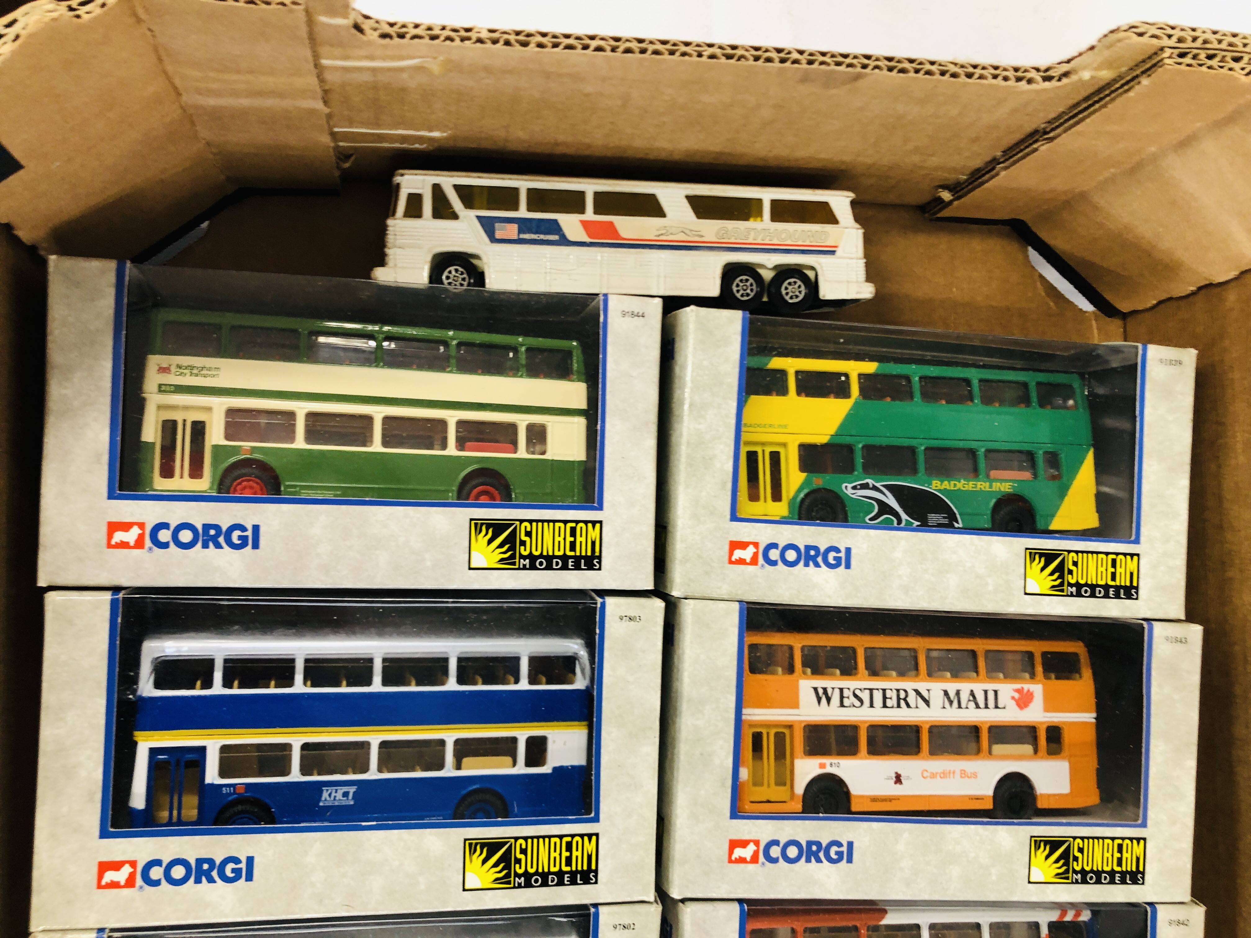 A FRUIT BOX CONTAINING 6 BOXED CORGI BUSSES AND LOOSE. - Image 2 of 4