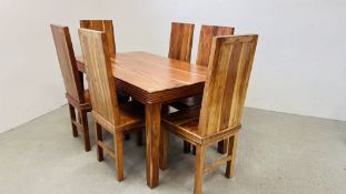 MANGO WOOD DINING TABLE COMPLETEWITH 6 MATCHING HIGH BACK CHAIRS L 149CM X W 90CM.