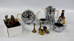 ART DECO TEA SET INCLUDING TEA POT, COFFEE POT, EGG CUPS, COLLECTION OF SPIRIT MINIATURES,