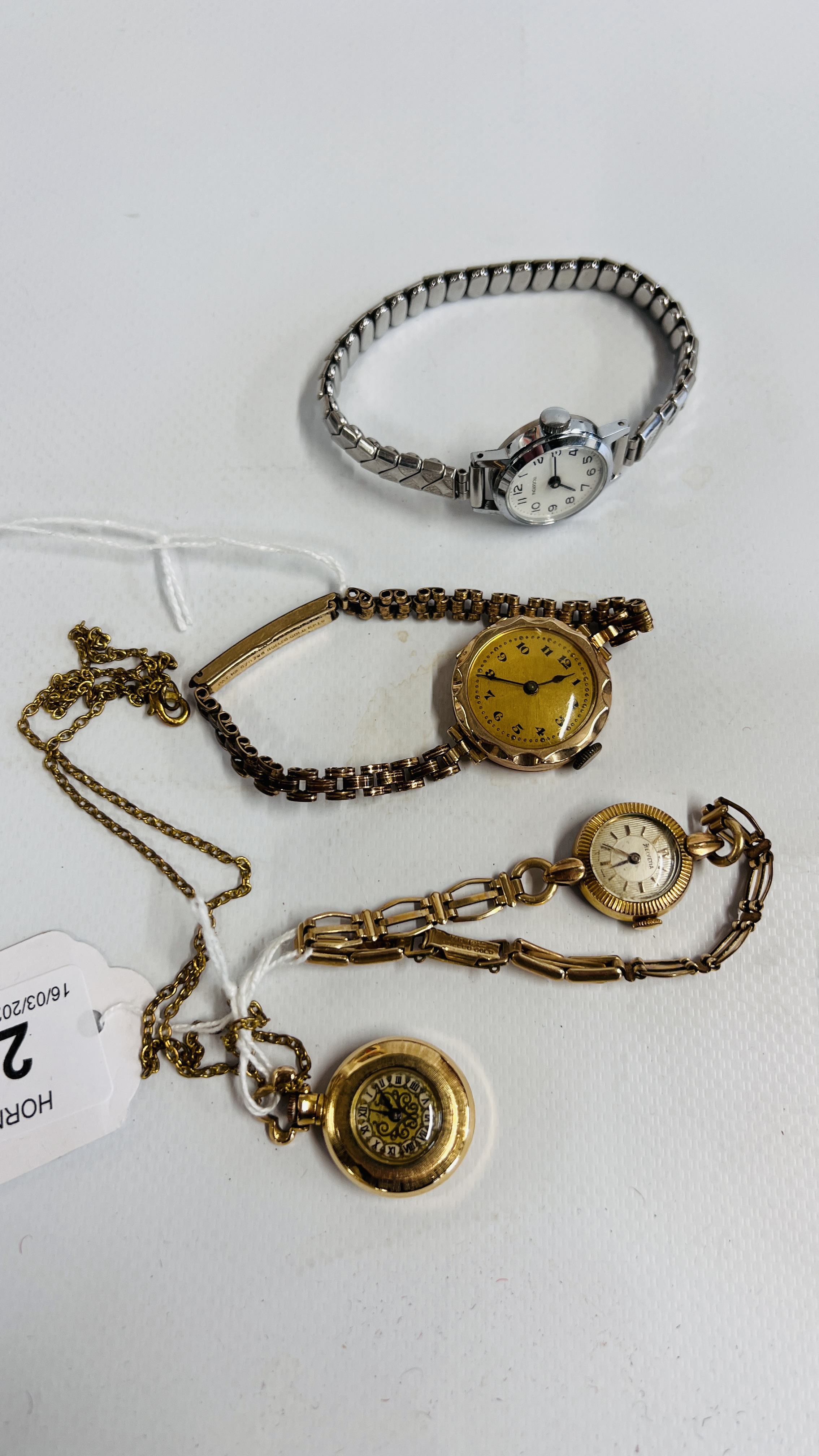 A PLATED CHAIN SUPPORTING A PLATED WATCH, A LADIES HELVETIA WRIST WATCH STEEL AND GOLD PLATED,