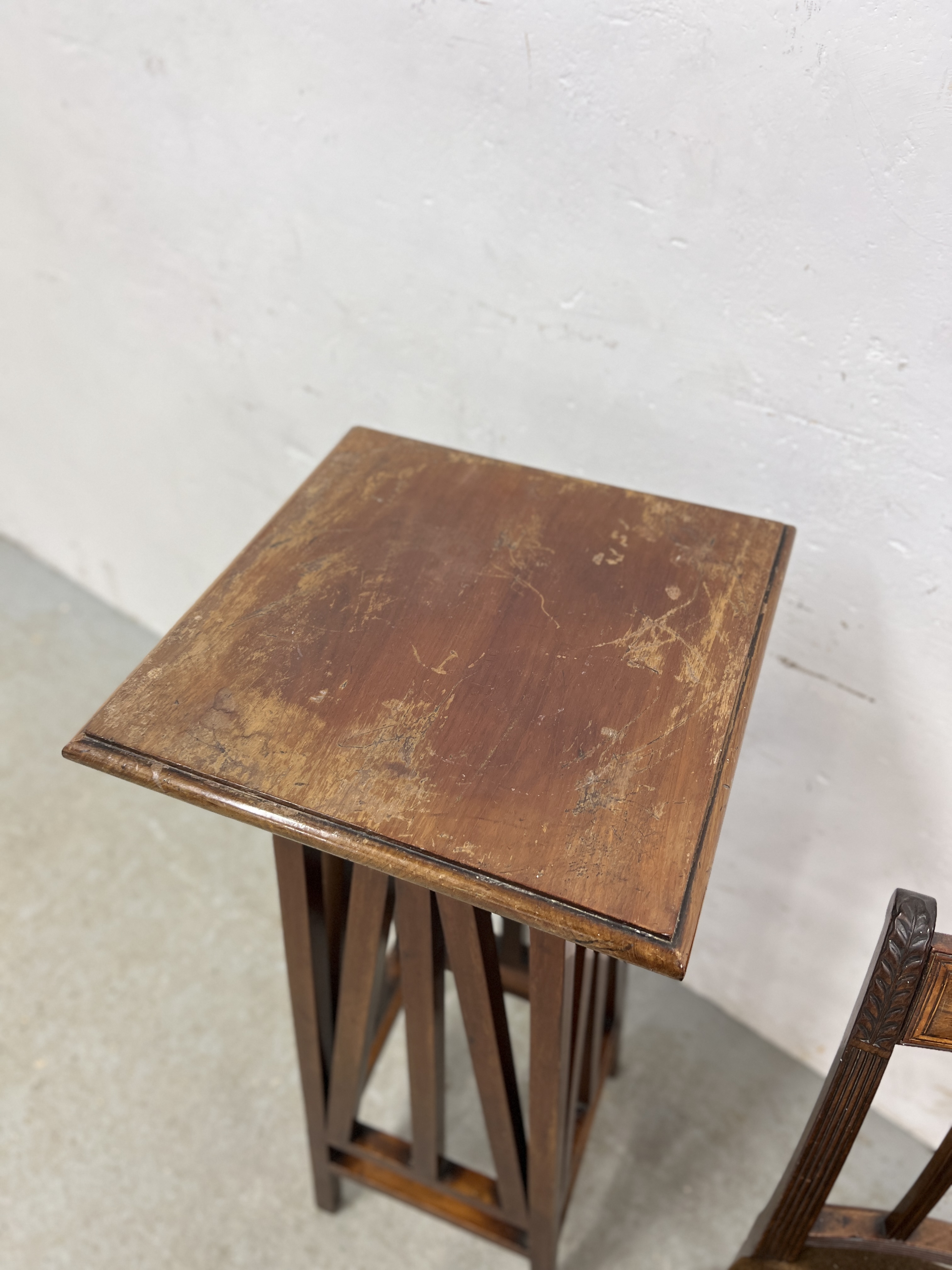 A GEORGIAN MAHOGANY SIDE CHAIR WITH BROWN VELOUR STUFF OVER SEAT ALONG WITH A MAHOGANY PLANT STAND - Image 7 of 8