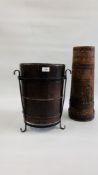 A VINTAGE OAK PLANTER INSET IN A METAL CRAFT STAND H 39CM ALONG WITH A FURTHER CARVED HARDWOOD