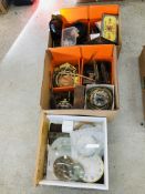 3 X BOXES OF ASSORTED MODERN & VINTAGE CLOCK PARTS & ACCESSORIES TO INCLUDE CLOCK GLASSES, HANDS,