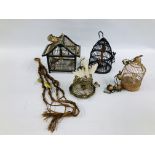 A GROUP OF THREE HAND CRAFTED VINTAGE STYLE BIRD CAGES AND A BELL, ETC.