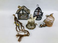 A GROUP OF THREE HAND CRAFTED VINTAGE STYLE BIRD CAGES AND A BELL, ETC.