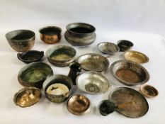 A BOX OF ASSORTED MIDDLE EASTERN AND ASIAN METAL WARE ARTIFACTS COMPRISING PANS,