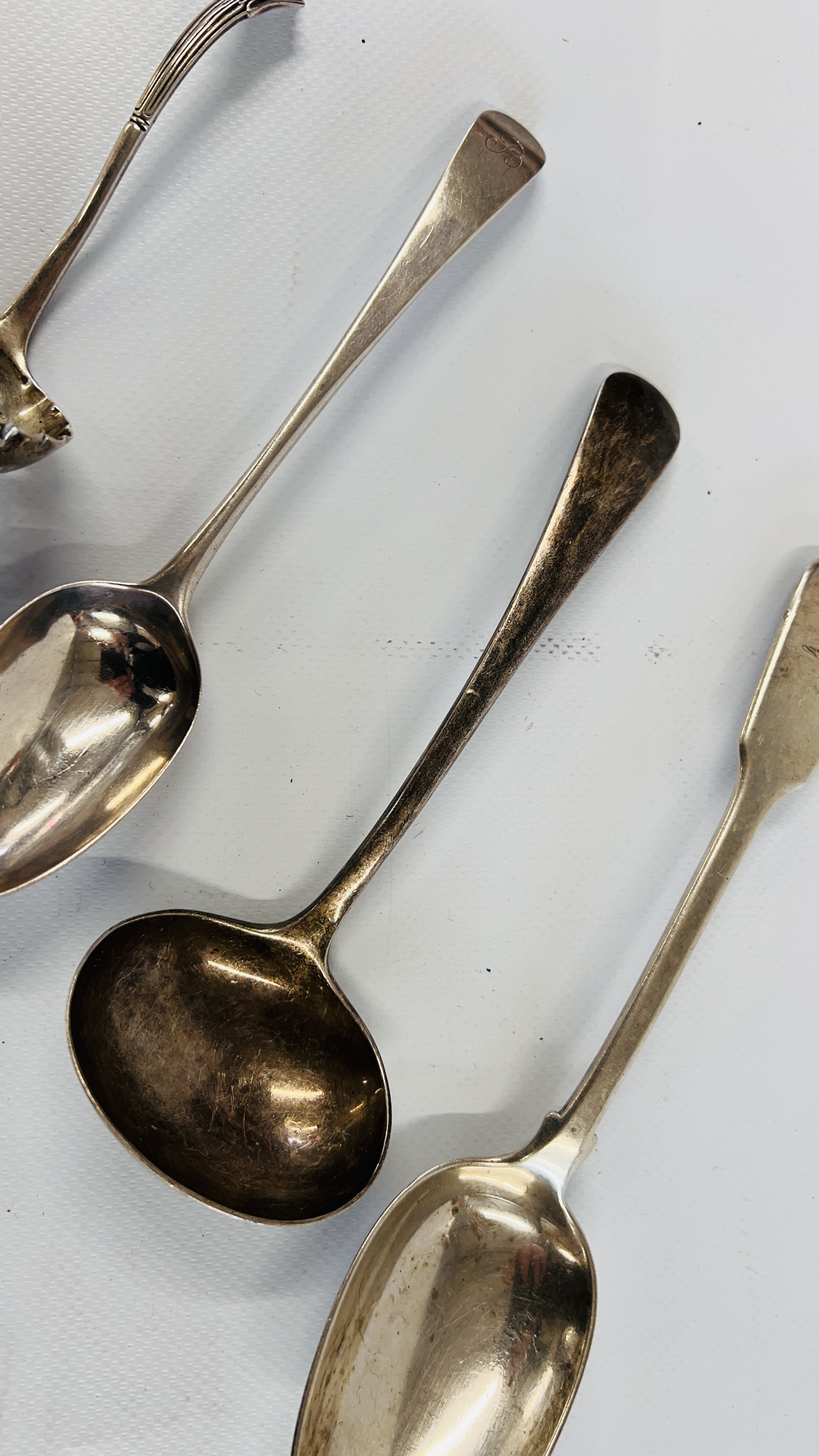 A SILVER DESSERT SPOON, PETER BATEMAN, LONDON 1796, ALONG WITH A GEORGE III SILVER SERVING SPOON, - Image 3 of 6