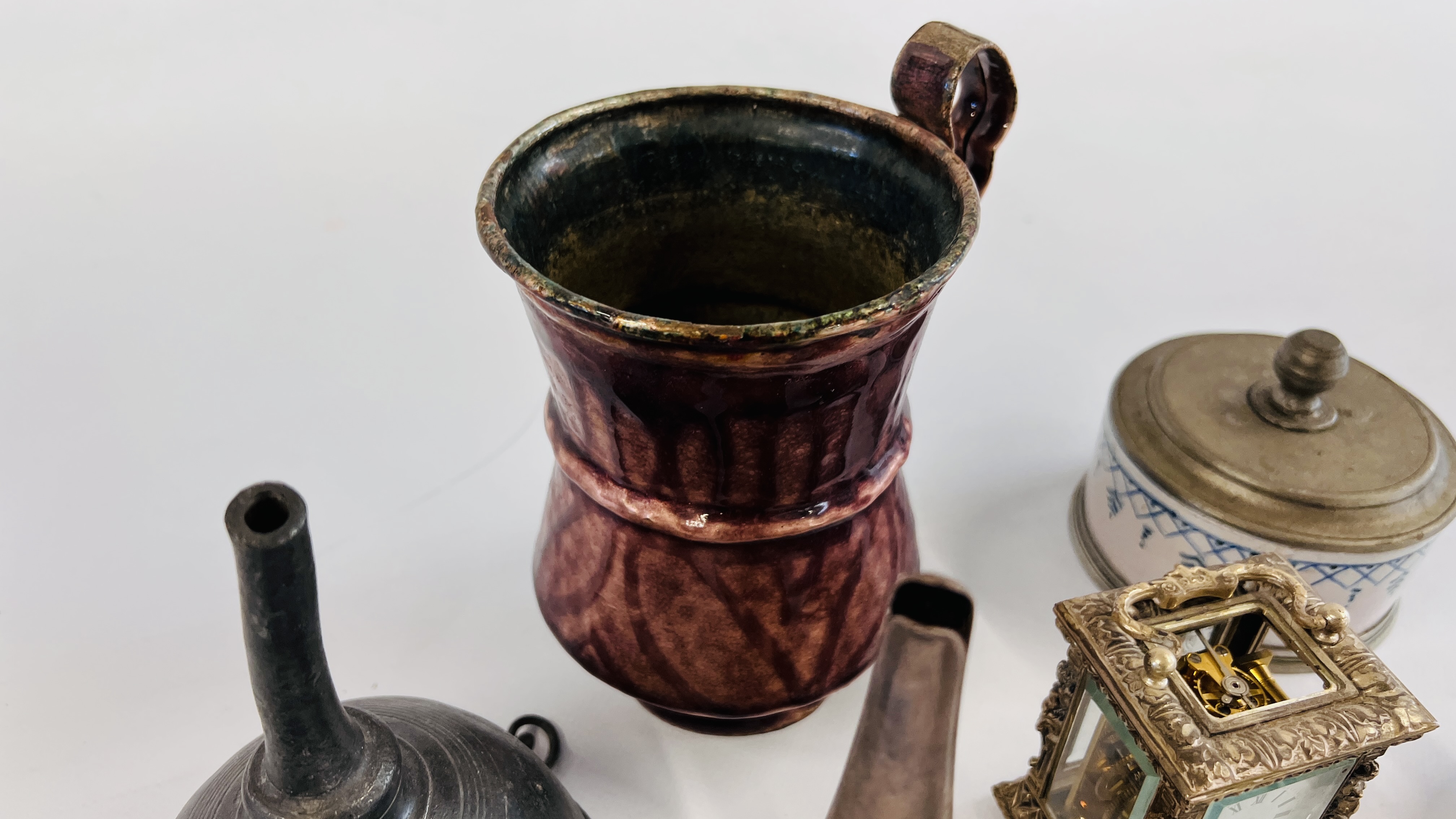 BRASS TRENCH ART ASHTRAY, VINTAGE CERAMIC INKWELL, BRASS TOP MARKED CF AND CLE, - Image 8 of 9