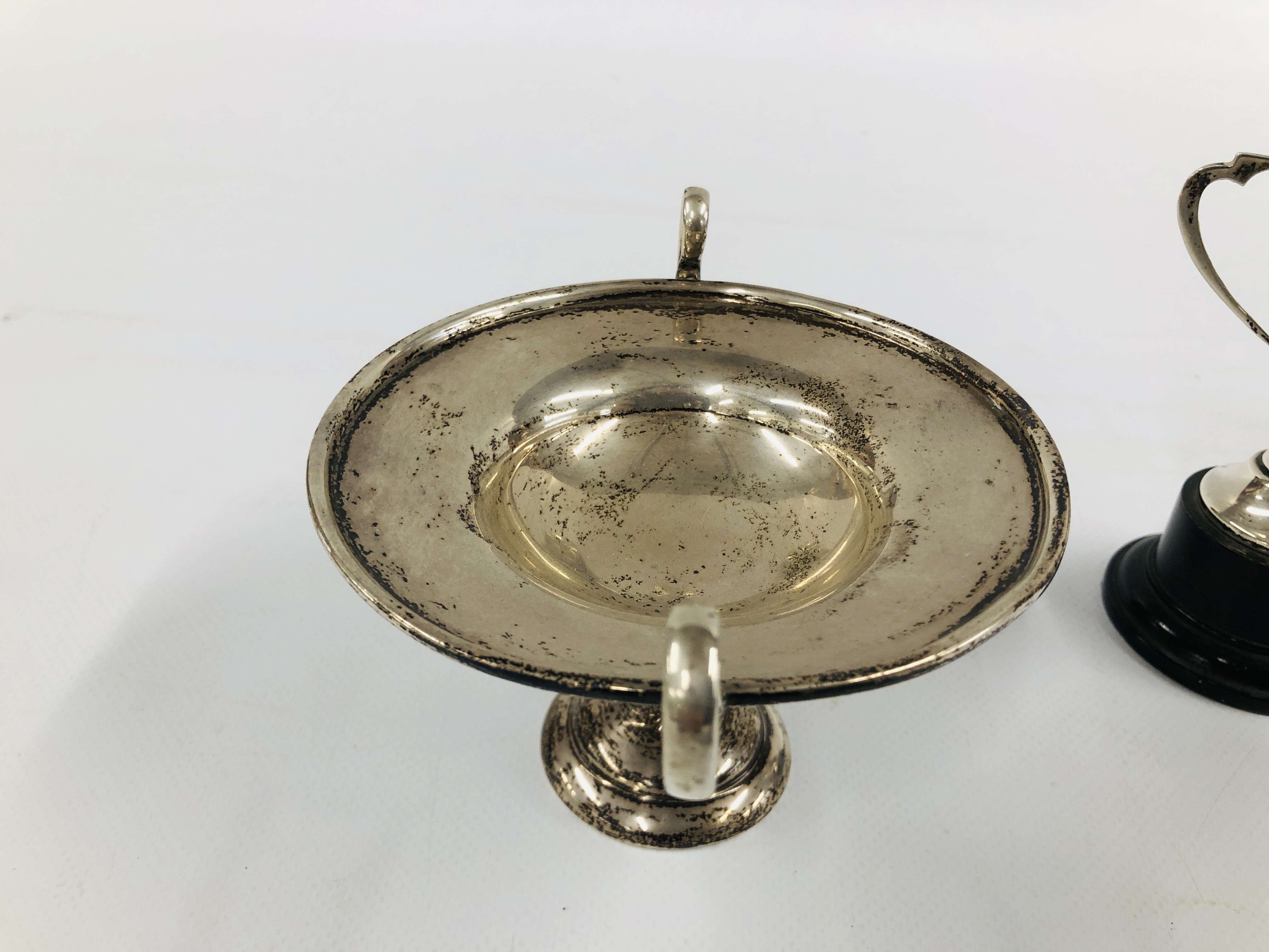 SILVER TWO HANDLED TROPHY CUP, BIRMINGHAM ASSAY ALONG WITH A VINTAGE SILVER PEDESTAL DISH / COMPOTE, - Image 4 of 14