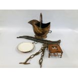 A COPPER COAL SCUTTLE AND PAIR OF VINTAGE HAYNES & COPPER WARMING PLATE AND STAND.