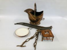 A COPPER COAL SCUTTLE AND PAIR OF VINTAGE HAYNES & COPPER WARMING PLATE AND STAND.